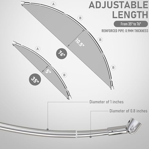 Curved Shower Curtain Rod, Need to Drill, 35-76 inches Adjustable Curved Shower Rod Rustproof Shower Rod Round Shower Curtain Rod for Bathroom, Bathtub, Stall, Stainless Steel, Chrome - color: chrome