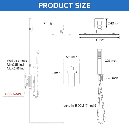 Hawkrown 10 Inch Luxury Rain Shower Faucet Set, Matte Black Shower System with Rainfall Shower Head and Handheld Spray, SUS304 Stainless Steel and Solid Brass Wall Mounted Shower Valve Trim Kit - color: Matte Black, size: 10 Inch