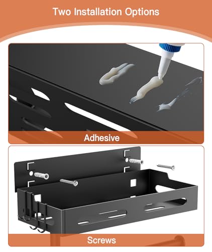 Paper Towel Holder Wall Mount with Shelf, Easy One Hand Tear, Adhesive Glue or Drill Mount Hanging Paper Towel Holder with Shelf for Kitchen/Bathroom/RV, Black Metal, 4 Hooks - color: Black