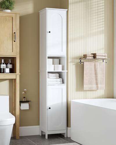 HAIOOU Tall Narrow Bathroom Storage Cabinet with Light for Small Spaces | 11.8"W Skinny Bathroom Cabinet with Adjustable Glass Shelves,Standing Slim Cabinet for Bathroom, Living Room, White - color: White