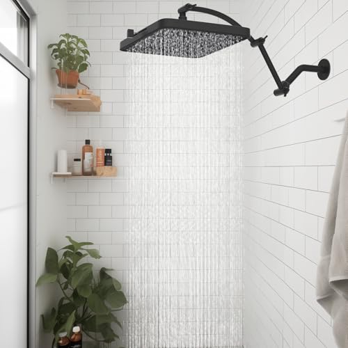 Hibbent Rain Shower Head, 13'' High Pressure Rainfall 5 Spray Mode Showerhead with 16" Shower Head Extension Arm, Solid Brass Adjustable Shower Arm Extender, Waterfall fixed Showerheads, Matte Black - color: Matte Black, style: Square 13'' with Arm