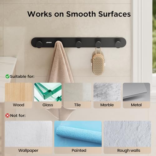JOMOO 2 Pack Adhesive Wall Hooks for Bathroom, Aluminum Towel Hooks with 5 Hooks Each, No Drill Shower Hooks Heavy Duty 11LBS, Matte Black Robe Hook Rack