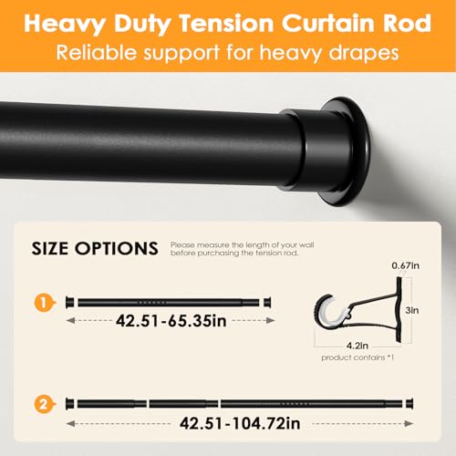 Tension Curtain Rod 43-104 Inches Extra Long Black Heavy Duty | Tension Rods Adjustable Curtain Rod No Drilling Spring Loaded Tension Rod for Windows Patio Curtains and Non Slip - color: Black, size: 43 to 104 inches