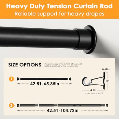 Tension Curtain Rod 43-104 Inches Extra Long Black Heavy Duty | Tension Rods Adjustable Curtain Rod No Drilling Spring Loaded Tension Rod for Windows Patio Curtains and Non Slip - color: Black, size: 43 to 104 inches