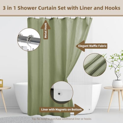 Siiluminisoy Shower Curtain and Liner Set, Waffle Shower Curtain Set with 12 Stainless Steel Hooks, Waterproof Luxury Fabric Shower Curtains for Bathroom and Hotel, Sage Green, 72" W x 72" H - color: Sage Green, size: 72"W x 72"L (Pack of 1)