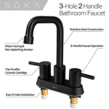 SOKA Centerset Bathroom Faucet 2 Handles 4 Inch Commercial Hand Sink Touch Faucets 3 Hole Bathroom Sink Faucet - color: Matte Black, size: 4" Gooseneck