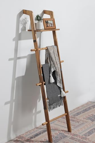 Blanket Ladder, 5-Tier Wooden Farmhouse Style Towel Rack with Shelf and Hooks, Wall Leaning Decorative Ladder for Living Room, Bedroom, Bathroom