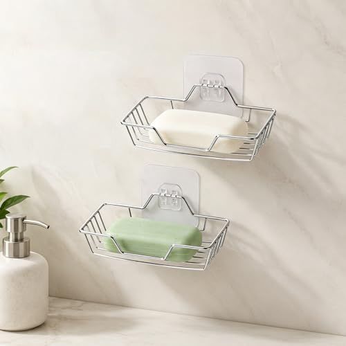2 Pack Soap Holder for Shower Wall, Stainless Steel Wall Mounted Soap Dish with Draining Tray, No Drilling Adhesive Bar SoapSponge Holder for Bathroom and Kitchen, Silver
