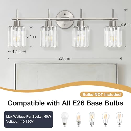 Brushed Nickel Bathroom Light Fixtures, Square, 4-Light | Vanity Lights with Crystal Shades, Modern Bathroom Lighting Fixtures over Mirror (Bulbs Not Included, E26) - color: Brushed Nickel (Square), size: 4-Light