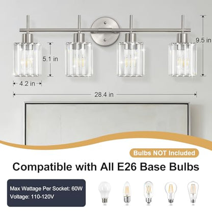 Brushed Nickel Bathroom Light Fixtures, Square, 4-Light | Vanity Lights with Crystal Shades, Modern Bathroom Lighting Fixtures over Mirror (Bulbs Not Included, E26) - color: Brushed Nickel (Square), size: 4-Light