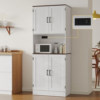 MHOM 71" Tall Pantry Cabinet with Charging Station, Farmhouse Kitchen Hutch with Adjustable Shelves, Modern Kitchen Pantry Storage Cabinet for Dinning Room & Living Room, Antique White - color: White