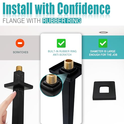 Matte Black Shower Arm with Flange and Teflon Tape for High Ceiling or Fixed Rain Showerhead, Universal Connection 16-inch Square Straight Shower Head Extender Extension Pipe, 304 Stainless Steel - color: Matte Black, style: 16inch
