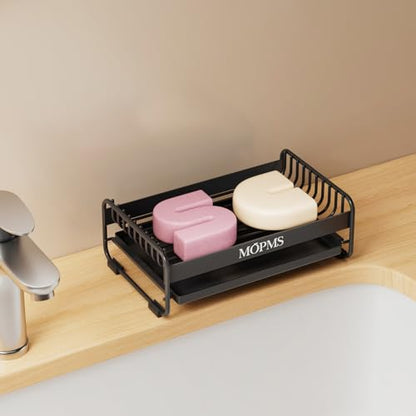 MOPMS Soap Dish for Shower, Carbon Steel Bar Soap Holder with Drainage | Durable Soap Saver with Water Tray for Bathroom, Kicthen Sink and Countertop - color: Black
