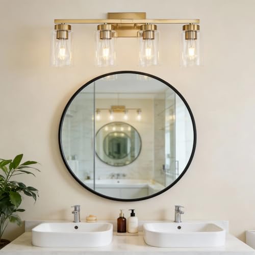 4-Light Bathroom Light Fixtures, Gold Modern Vanity Lights Over Mirror, Bathroom Wall Sconces with Clear Glass Shade for Living Room Bedroom Hallway Cabinet Porch - color: Gold
