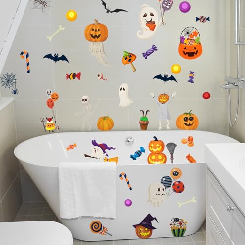 Halloween Non-Slip Bathtub Stickers, White Ghost Black Bat Pumpkin | 6 Pages, Anti-Slip Decals for Kids, With Scraper, Fun & Safe Bathtub Adhesive Appliques - color: Halloween