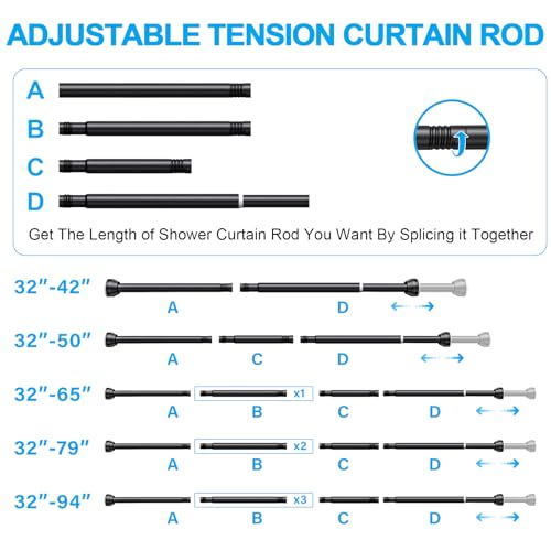 TEECK Shower Curtain Rod, 32-79 inch Adjustable Tension Spring, 1 Inch Shower Curtain Rod Tension, Anti-Slip, Rust-Proof, No Drilling, for Bathroom, Black - color: Black, size: 32-79 Inches