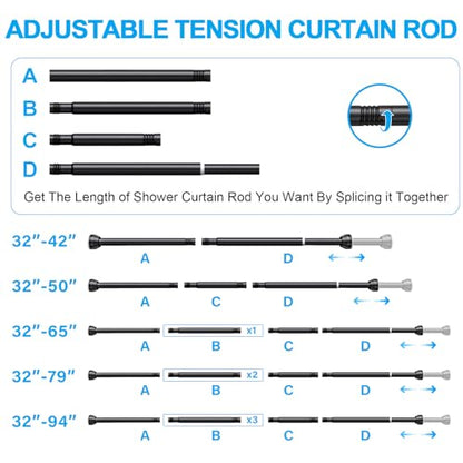TEECK Shower Curtain Rod, 32-79 inch Adjustable Tension Spring, 1 Inch Shower Curtain Rod Tension, Anti-Slip, Rust-Proof, No Drilling, for Bathroom, Black - color: Black, size: 32-79 Inches