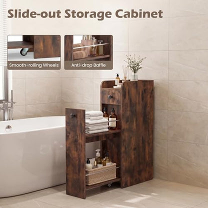 COSTWAY Slim Bathroom Cabinet, Freestanding Narrow Organizer, Rustic Brown | 7" Wide Space-Saving Storage with 2-Tier Slide-Out Drawer, Shelf & Toilet Paper Holder, for Bathroom, Laundry & Small Spaces - color: Rustic Brown