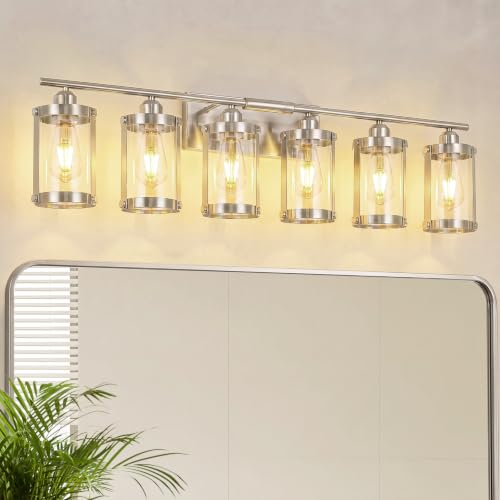 6-Light Brushed Nickel Bathroom Light Fixtures Over Mirror with Clear Glass and Metal Cage Shade, 42" UL-Listed Modern Farmhouse Wall Sconce for Bath, Hardwire E26, OS-3014BN-6W - color: Nickel + Clear Glass, size: 6-Light, 42" L