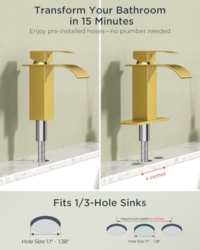 FORIOUS Bathroom Faucet 1 Hole, Waterfall Vanity Sink Faucet Brushed Gold | Bathroom Sink Faucet 1 or 3 Hole, Square Single Handle with 24" cUPC Supply Line and Pop-up Drain, Fits RV Restroom Basin - color: Brushed Gold