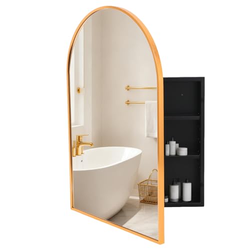 Gold Metal Medicine Cabinet Arched-Design,Bathroom Mirror with Storage, Recessed or Surface Mounted, 2 Adjustable Metal Shelves (Brushed Gold, 20x30) - color: Brushed Gold, size: 20x30