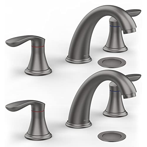Bathroom Sink Faucet, Faucet for Bathroom Sink, Widespread Gun Grey Bathroom Faucet 3 Hole with Plastic Pop-Up Drain and cUPC Lead-Free Hose - (Gun Grey 2 Packs) - color: Gun Grey, size: 8 inch 2 packs