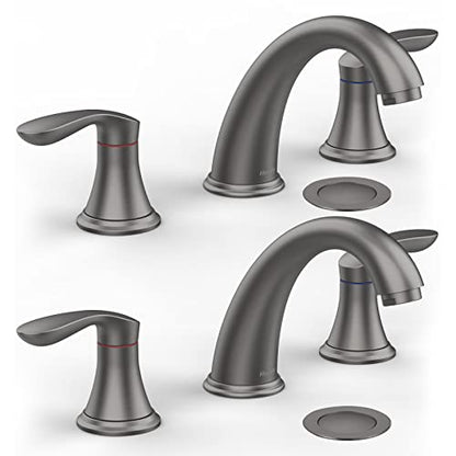 Bathroom Sink Faucet, Faucet for Bathroom Sink, Widespread Gun Grey Bathroom Faucet 3 Hole with Plastic Pop-Up Drain and cUPC Lead-Free Hose - (Gun Grey 2 Packs) - color: Gun Grey, size: 8 inch 2 packs