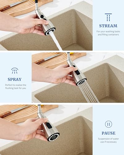 Kitchen Faucet Head Replacement, 15 Adapters, 3-Mode Pull Down Sprayer Head | 3 Functions Stream Spray Pause, Easy 5-Min Install, Pull Out Nozzle, Brushed Nickel, Compatible with Moen Delta Hansgrohe - color: Brushed Nickel