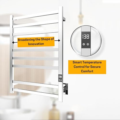 8-Bar Towel Warmer Rack, Polished Stainless Steel | Polished 304 stainless steel, LED display, 115-155°F temp control, 1-24H timer, plug-in or hardwired install - color: Polished