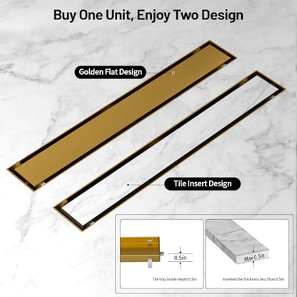 Linear Shower Drain, 304 Stainless Steel with Adjustable Leveling Feet, Hair Strainer,Reversely Install Place to Create an Invisible Floor Drain - Gold -16-Inch - color: Brushed Gold, size: 16inch