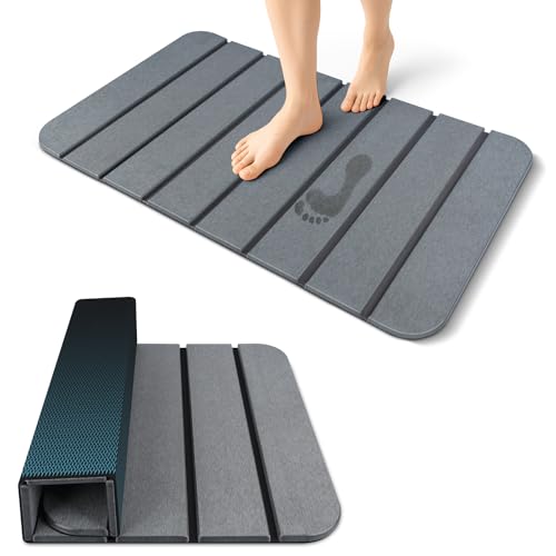 ArtyCozy Large Foldable Stone Bath Mat Non-Slip Rubber Base, 28"×17", Grey | Super Absorbent Quick Drying Diatomaceous Earth Mat for Bathroom, Easy to Store, Easy to Clean