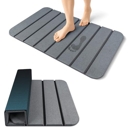 ArtyCozy Large Foldable Stone Bath Mat Non-Slip Rubber Base, 28"×17", Grey | Super Absorbent Quick Drying Diatomaceous Earth Mat for Bathroom, Easy to Store, Easy to Clean