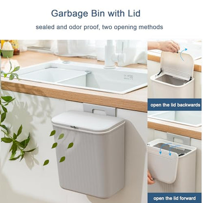 Kitchen Compost Bin Cabinet Hanging Small Trash Can with Lid 2.4 Gallon | Food Waste Bin for Counter Top Under Sink Rv Wall Mounted Bathroom Trash Can - color: grey