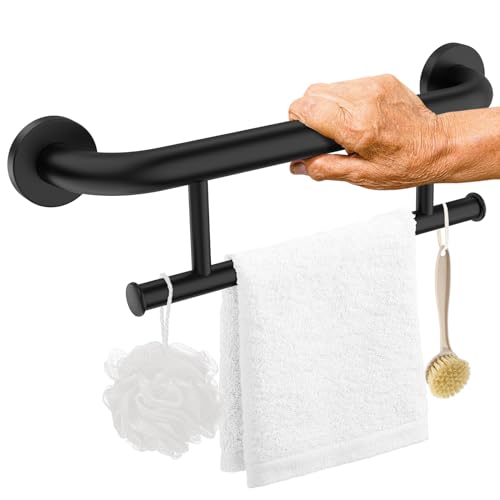 Black Grab Bar with Towel Holder, Grab Bars for Bathtub and Shower | Bathroom Grab Bar 17 Inch, Stainless Steel Shower Towel Bar, Wall Mount Safety Grab Rail for Senior, Handicap Support Bars - color: towel grab bar - black, size: 17 inch