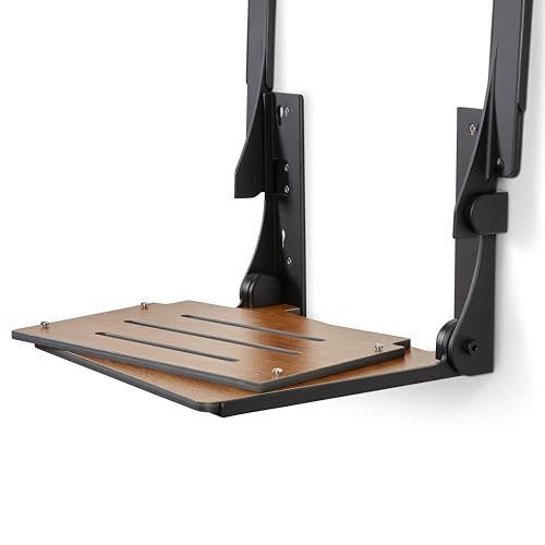 Seachrome Silhouette Comfort Folding Wall Mount Shower Bench Seat with Arms, Rustic Teak Seat with Matte Black Frame - color: Rustic Teak With Matte Black Frame