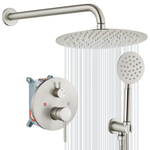 gotonovo High Pressure Shower System Valve and Trim Kit,Brushed Nickel | Round Rain 10 Inch Shower Head with Handheld Faucet Set Complete,Rough In Valve,2-in-1 Diverter,All Metal,Bathroom Wall Mount - color: Nickel
