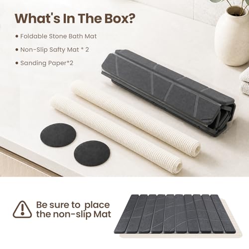Non-Slip Stone Bath Mat for Bathroom, Foldable Super Absorbent | Mosthink Textured Quick Dry Diatomaceous Earth Mat for Bath Kitchen Counter, Easy to Clean(Dark Gray, 23.6'' x 15.3'') - color: Dark Grey