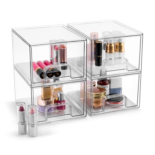 Sorbus Acrylic Storage Containers - 4 Pack, Stackable Storage Bins Set for Bathroom Organization - Clear Acrylic Drawer Organizers - Makeup Case Pull-Out Drawers (4.4’’ Tall) - size: 4 Pack, 4.4’’ Tall