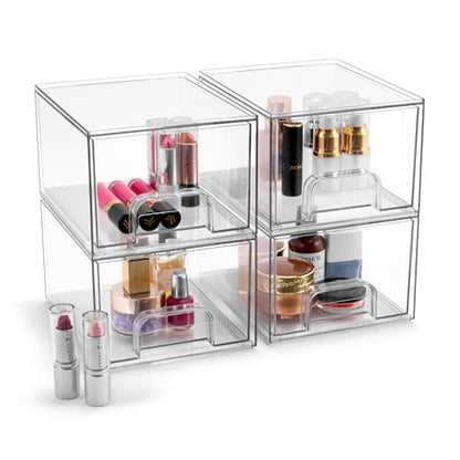 Sorbus Acrylic Storage Containers - 4 Pack, Stackable Storage Bins Set for Bathroom Organization - Clear Acrylic Drawer Organizers - Makeup Case Pull-Out Drawers (4.4’’ Tall) - size: 4 Pack, 4.4’’ Tall