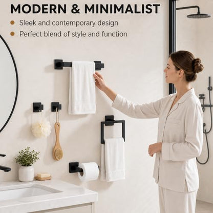 5-Piece Matte Black Bathroom Accessorys Stainless Steel Towel Bar Set | Square with Toilet Paper Holder Towel Ring Hook and Towel Racks for Bathroom Wall Mounted Bathroom Hardware Set - color: Matte Black