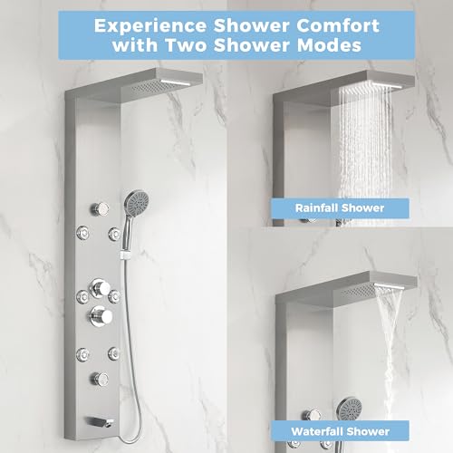 DELAVIN Stainless Steel Shower Tower, 5-Function Shower Panel Tower System | with Rainfall Waterfall Shower Head, Massage Body Jets, Tub Spout, Handheld Shower, Designed for Hotels, Gyms, Spas - style: 8 Body Jets