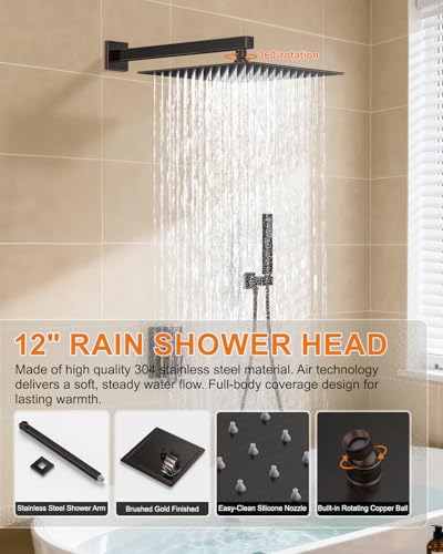 Oil Rubbed Bronze Shower System with Tub Spout, Wall Mounted Bathtub Faucet Set, 12" Rainfall Shower Head and Handheld Shower Combo, High Pressure Shower Fixtures Set with Rough-in Valve - color: Oil Rubbed Bronze, style: 12" Wall Mounted Shower System wi
