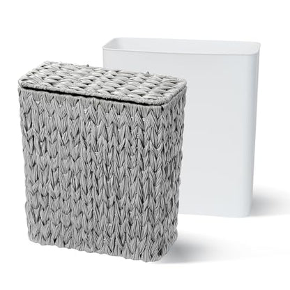 Coeusy 3 Gallon Wicker Trash Can,Grey Bathroom Trash Cans with Lid,Waterproof Slim Waste Basket for Bedroom,Home Office,Narrow Garbage Can with Removable Liner - color: grey
