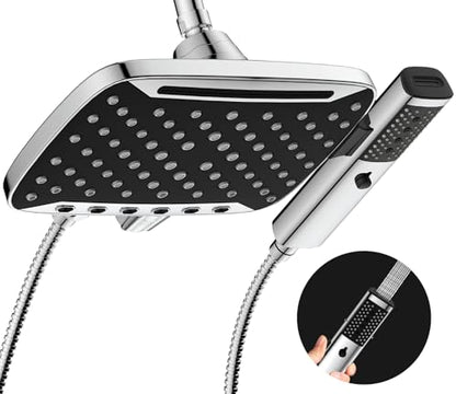 JDO High Pressure Rain Shower Head with Handheld Spray Silver | 7 Modes Dual Shower Head, 10-inch Rainfall Showerheads Combo, Detachable Hand Held Shower Wand, Power Jets, 71" Hose - color: Silver