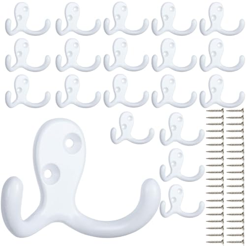 IBosins 20 Pack White Double Prong Coat Hooks Wall Mounted with 40 Screws | Heavy Duty Retro Double Utility Hooks for Coat, Scarf, Bag, Towel, Key, Cap, Cup, Hat - color: 20 Pcs White