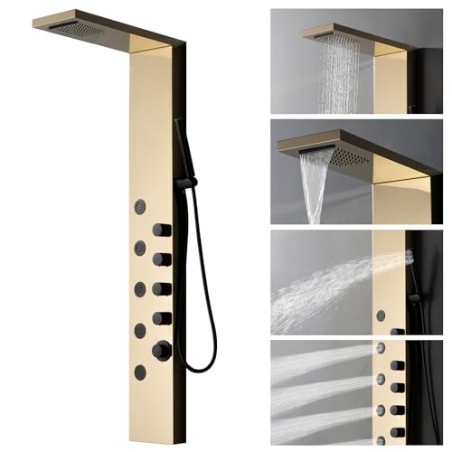 BWE Rainfall Waterfall Shower Panel Tower System Stainless Steel Bathroom Shower Panel with 5 Massage Body Jets Sprays and Handheld Shower,Polished Gold and Black