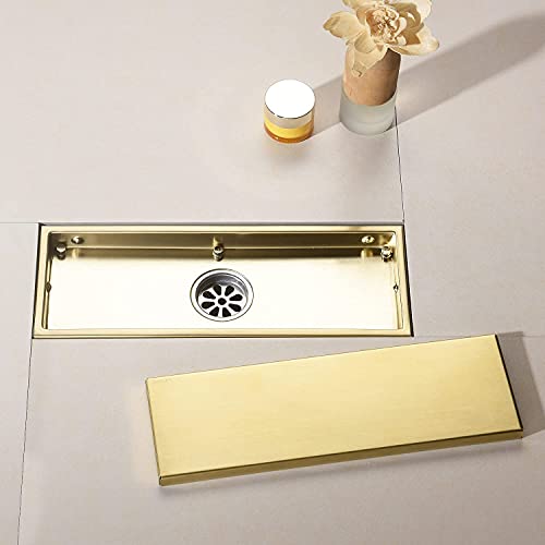 Linear Shower Drain Pipe 12 Inches Brushed Gold, with Tile Insert Grille, Detachable Hidden Cover, SUS304 Stainless Steel Rectangular Floor Drain - color: Brushed Gold