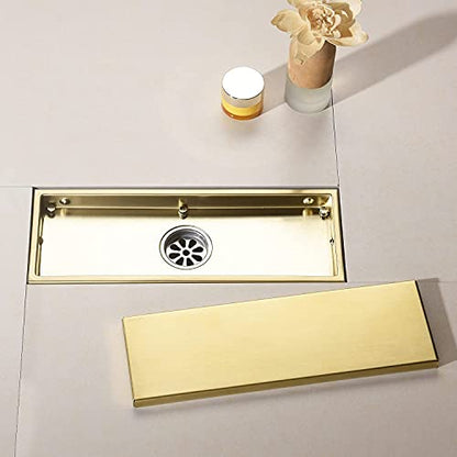 Linear Shower Drain Pipe 12 Inches Brushed Gold, with Tile Insert Grille, Detachable Hidden Cover, SUS304 Stainless Steel Rectangular Floor Drain - color: Brushed Gold
