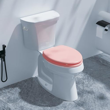 Elongated Slow Close Wood Toilet Seat, Pink Wooden Toilet Seat with Baked Enamel Finish Support 400 lbs, Oval Toilet Lid with Soft Close Chrome Hinges and Grip-Tight Bumpers, Easy to Clean and Install - color: Pink, size: Elongated Slow Close