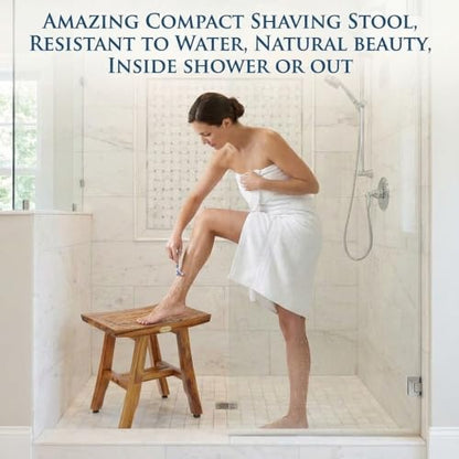 EcoDecors® Satori® 14" Solid Teak Shower Bench, Water-Resistant Bath Stool with Adjustable Feet, EarthyTeak Finish, Indoor/Outdoor Use - size: 14" L x 10" W x 14" H